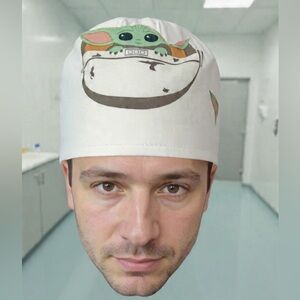 White Surgical Scrub Cap with Baby Yoda Print